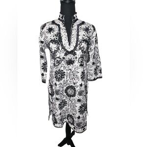 Gretchen Scott Black and White Tunic/Mini Dress with Embroidery Split Neck SZ XS